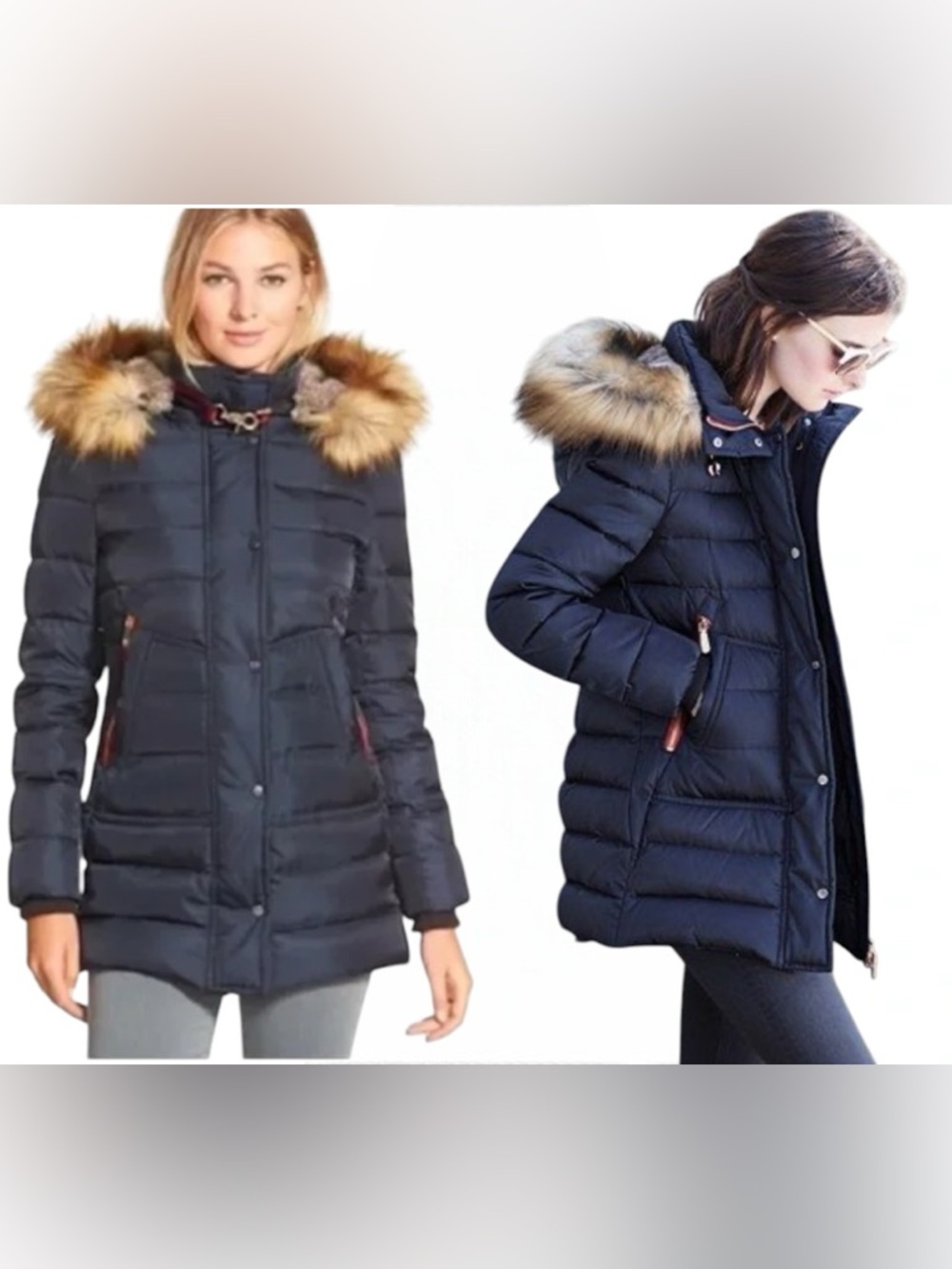 VINCE CAMUTO L
WOMEN'S NAVY HOODED PUFFER JACKET FAUX FUR
TRIM GOLD ZIP PARKA
